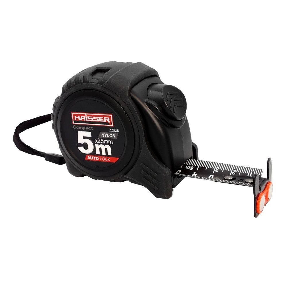 Рулетка 5х25, 2-х стороння чорна лента, нейлон, прогумований корпус, автостоп, магніт, HAISSER Comp