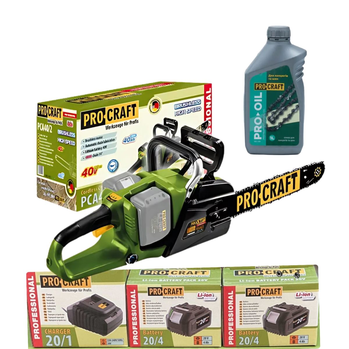 Набір Procraft Пила ланцюг.PCA40/4/2(б/акб,зар.пристр)/Бат.20/4-2шт./Зар.пристр.20/2/Олив.ланцюг 1л