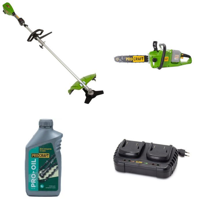 Набір Procraft Коса акум. PTA20/4/2(б/АКБ)+Пила PCA40/4/2(б/АКБ)+Батарея 20/4(2шт)+Олива 1л+З/п 20/2
