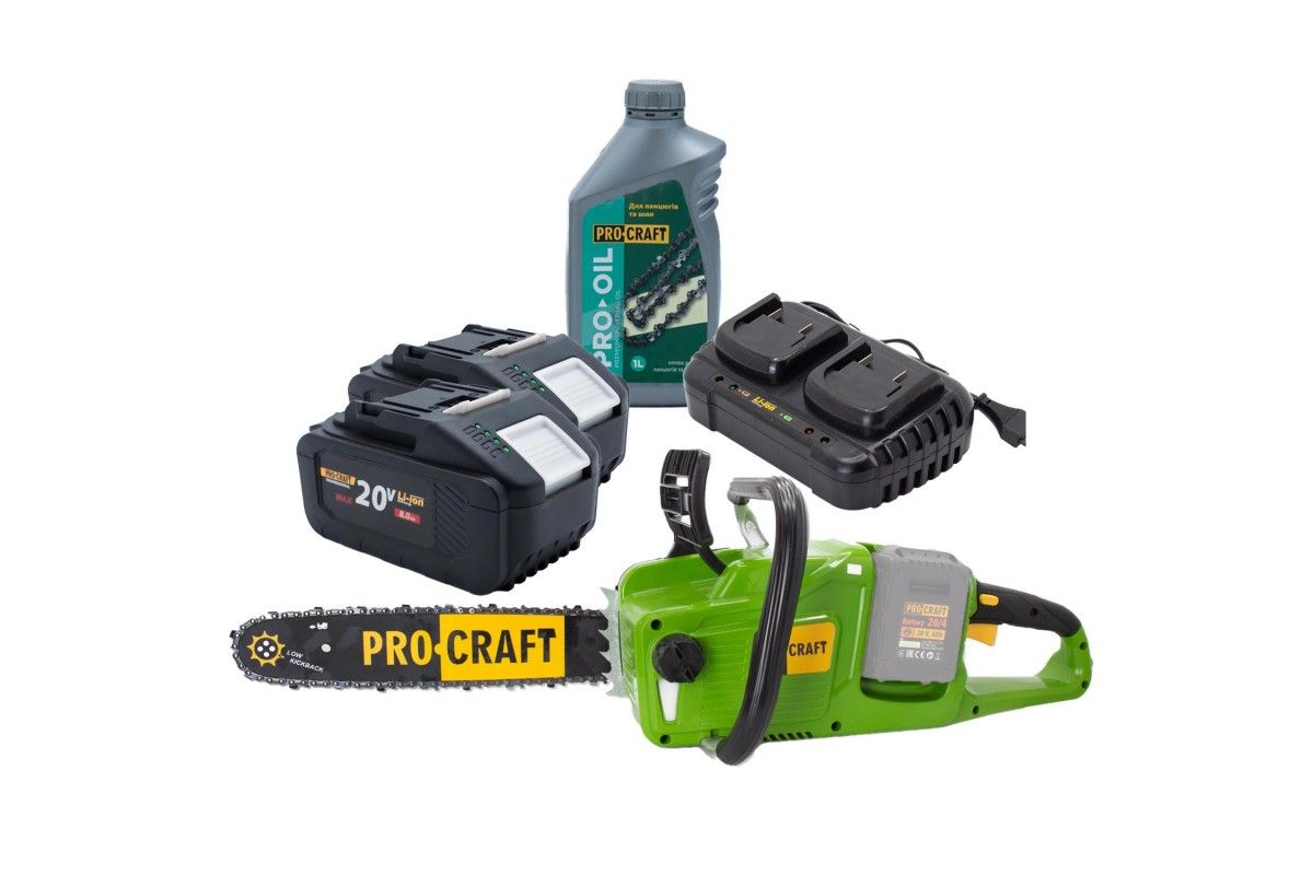 Набір Procraft Пила ланцюг.PCA40/4/+акб 20/8-2шт.+з/п 20/2+Олив.ланцюг 1л