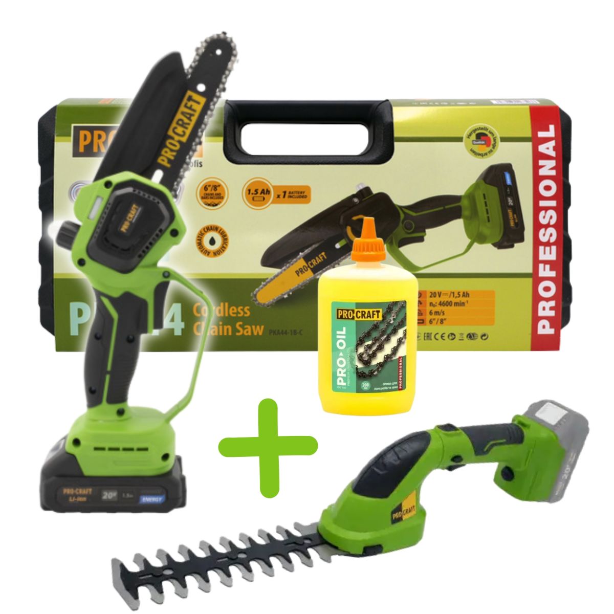 Набір Пила ланц. ак. PKA44 (АКБ та з/п)+Підрізувач трави ак.PGH2000 (безАКБ і з/п)+Олива 200мл