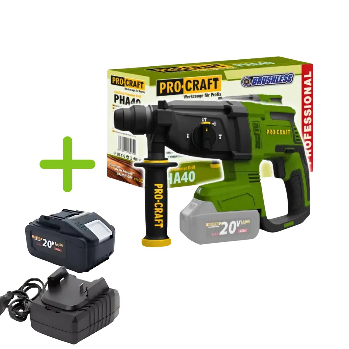 Набір Перфоратор Procraft PHA40 (без АКБ та ЗП) + АКБ 20/4 + з/п 20/1