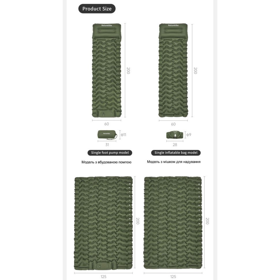 Матрац туристичний надувний одномісний  Naturehike CNK2550WS019, 200х60х6.5 см, синій, для кемпінгу
