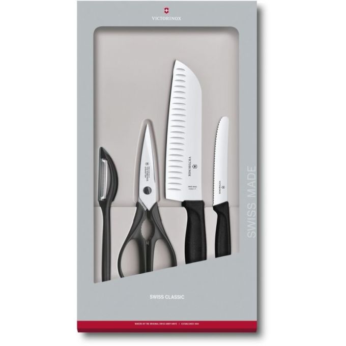 Набір кухонний Victorinox SwissClassic Kitchen Set 4шт з чорн. ручкою (2 ножа, ножиці, овочечистка)
