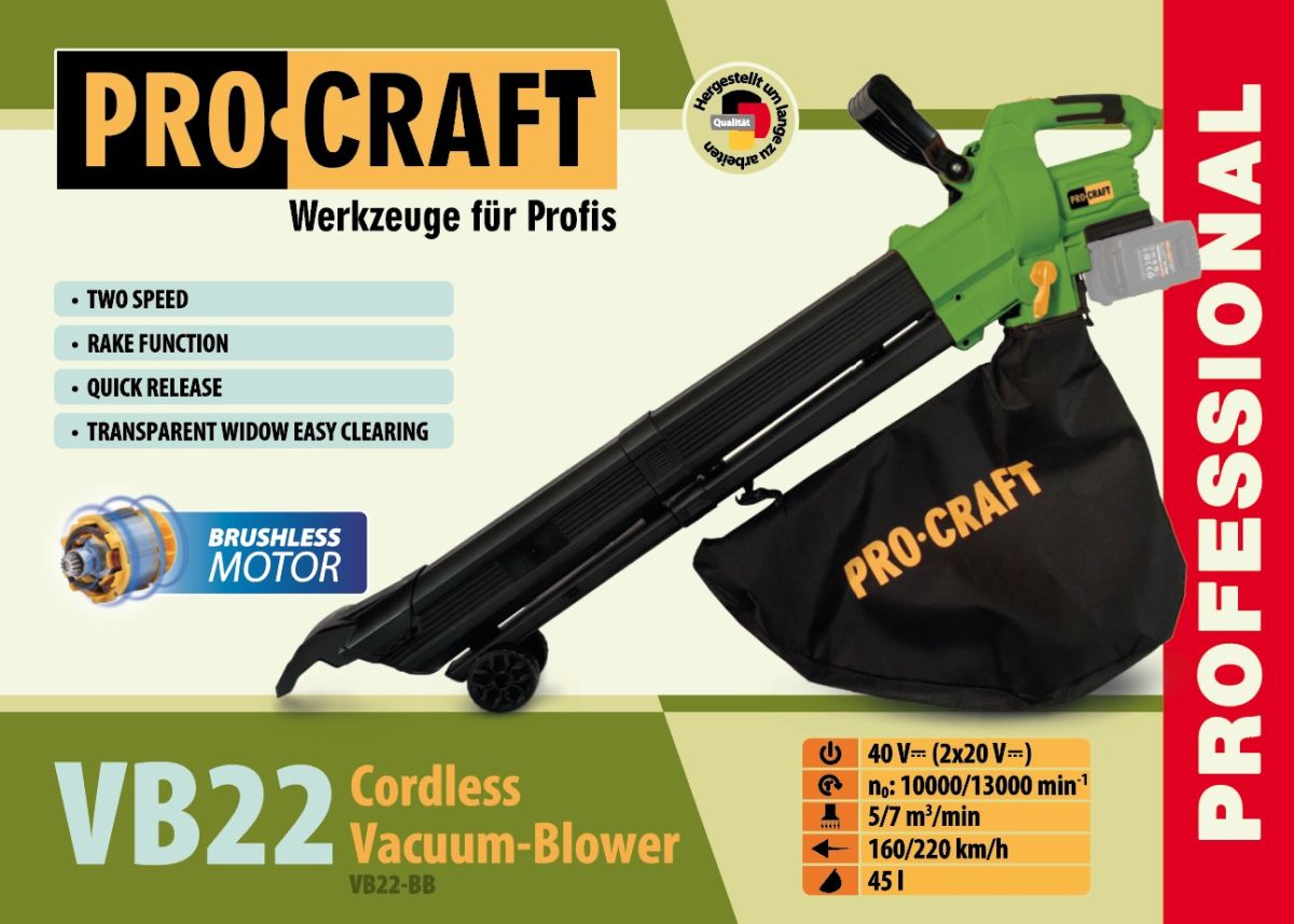 Акумуляторний пилосос-повітродувка Procraft VB22 (без акб та зп)
