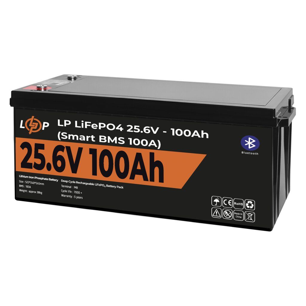 Акумулятор LP LiFePO4 24V (25,6V) - 100 Ah (2560Wh) (Smart BMS 100А) з BT пластик