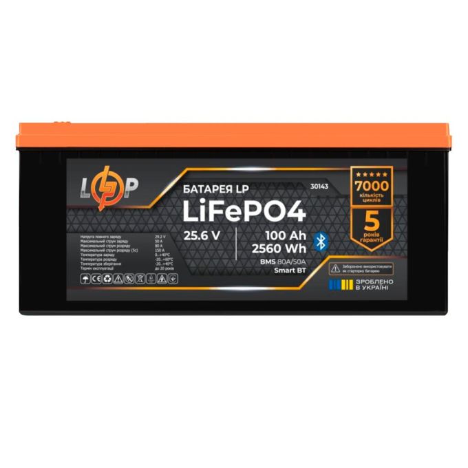Акумулятор LP LiFePO4 25,6V - 100 Ah (2560Wh) (BMS 80А/50) пластик Smart BT