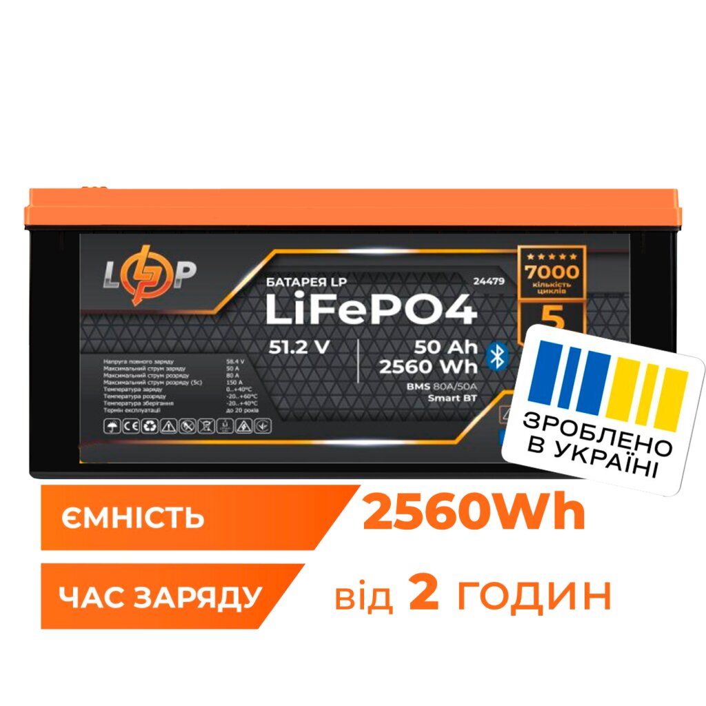 Акумулятор LP LiFePO4 51,2V - 50 Ah (2560Wh) (BMS 80A/50А) пластик Smart BT