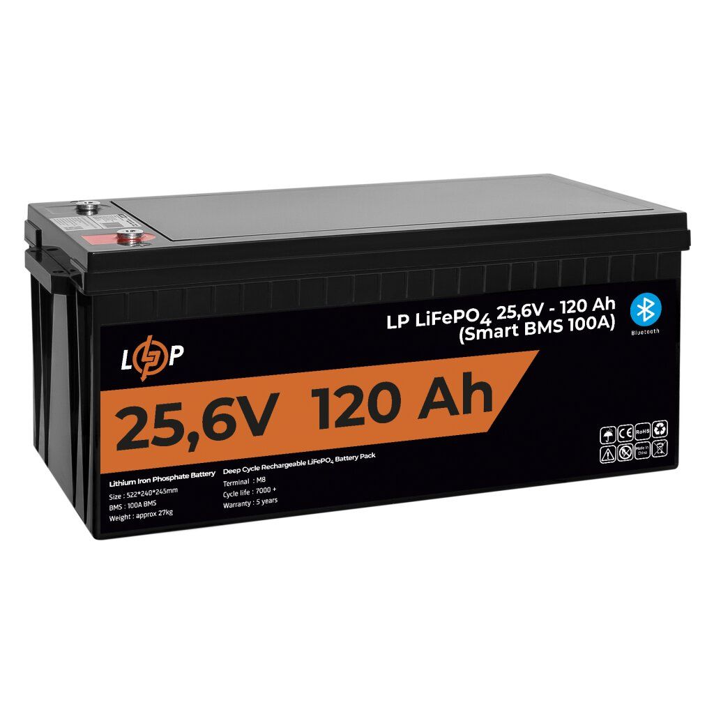 Акумулятор LP LiFePO4 25,6V - 120 Ah (3072Wh) (Smart BMS 100А) з BT пластик для ДБЖ