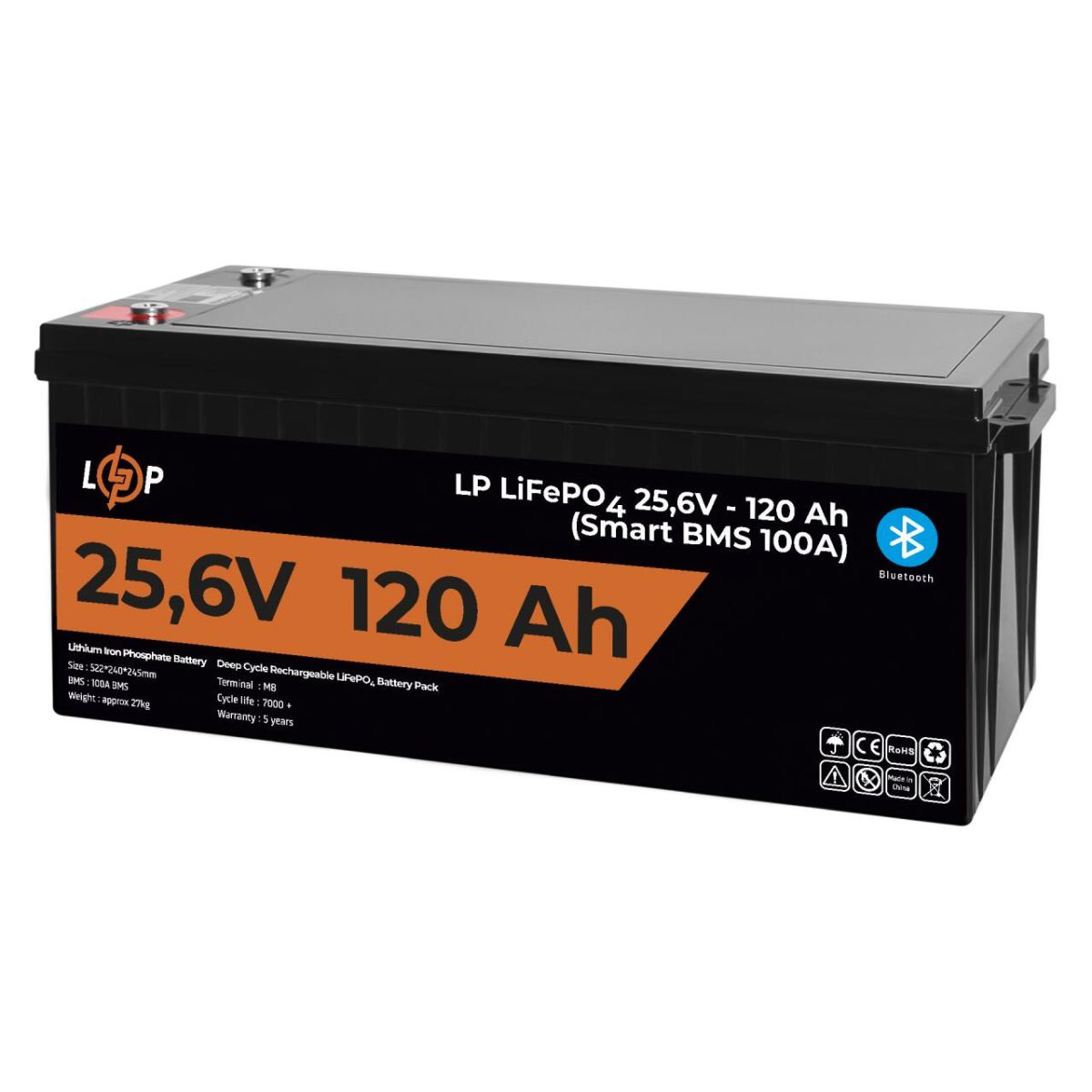 Акумулятор LP LiFePO4 25,6V - 120 Ah (3072Wh) (Smart BMS 100А) з BT пластик для ДБЖ